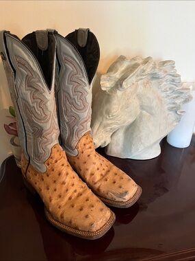Women’s Tanner Marks Ostrich Leather Cowboy Boots - Tan & Blue Sz 7.5